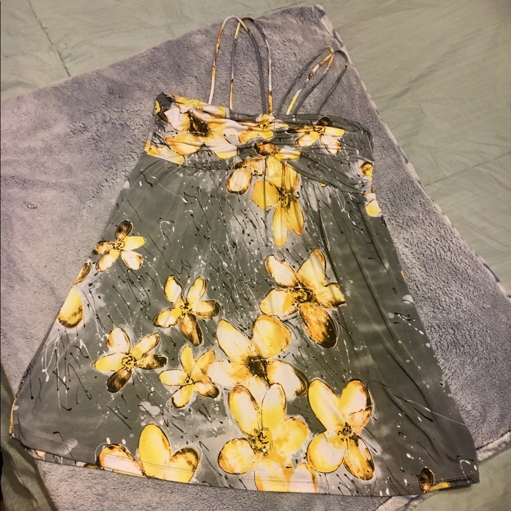 Stappy Mini Dress, Large, Grey Yellow Floral